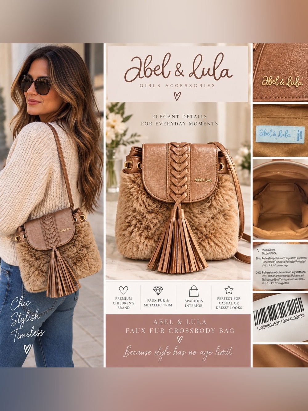Abel & Lula Faux Fur Crossbody Bag Metallic Rose Gold Tassel Girls Purse